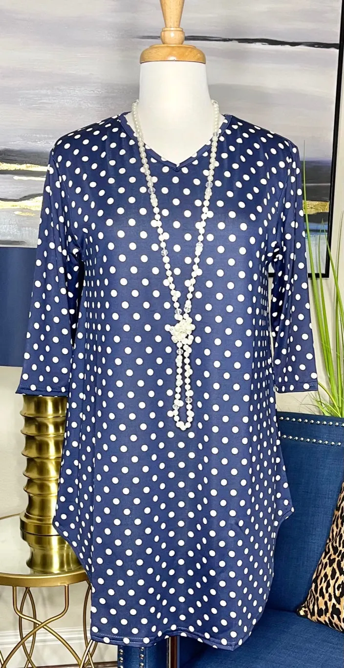 S,M, 3X : Navy Polka Dot Scoop Tunic