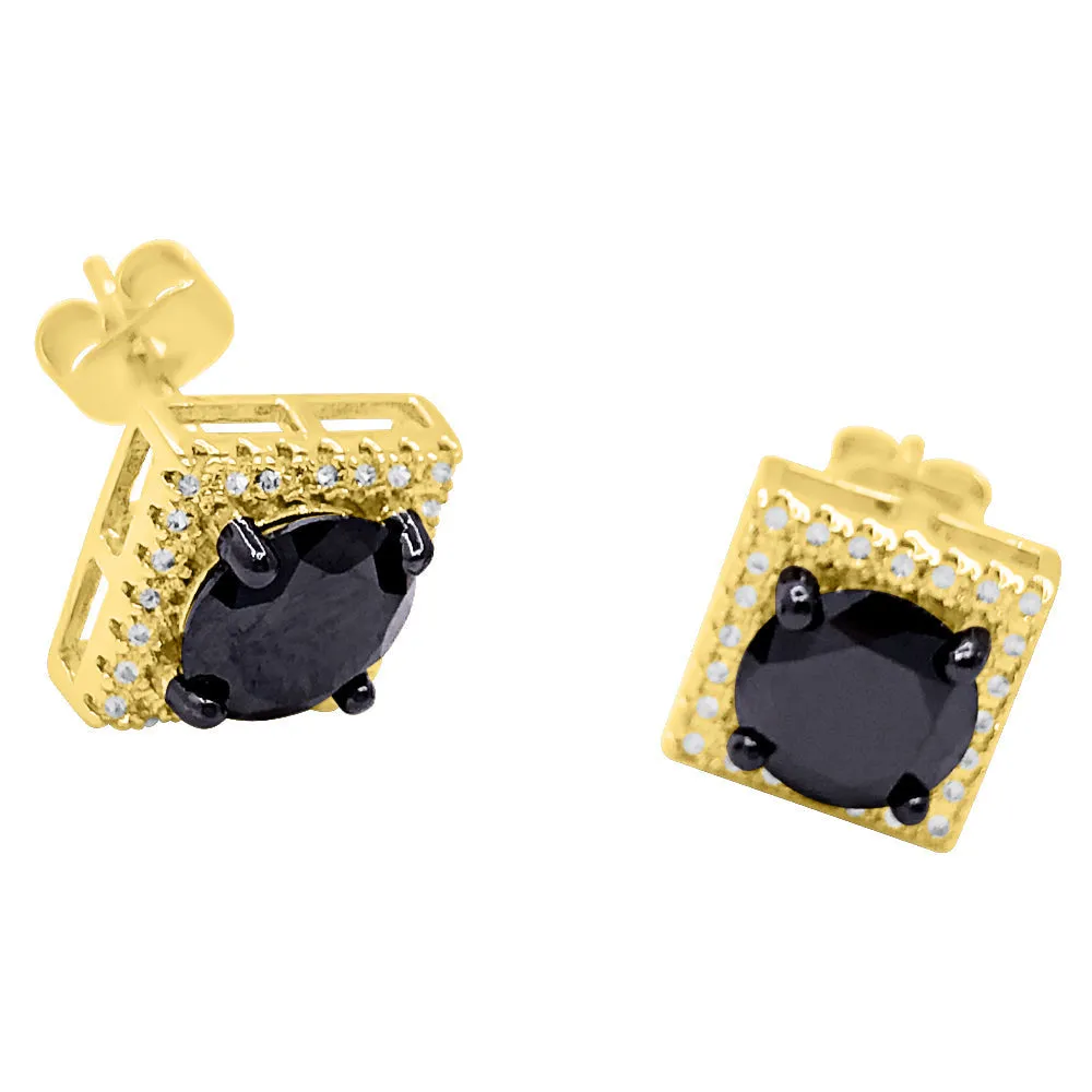 Square Halo Black and Yellow CZ Bling Bling Earrings