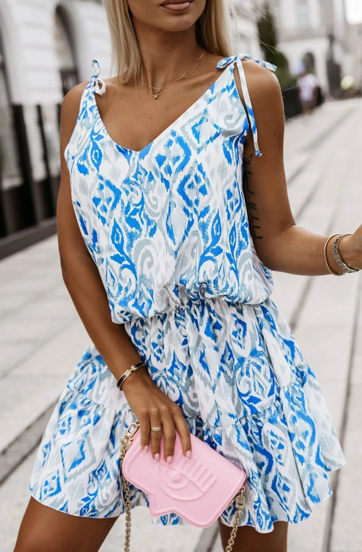 Tisha Tie Dye Patterned Tie Up Dress - Blue