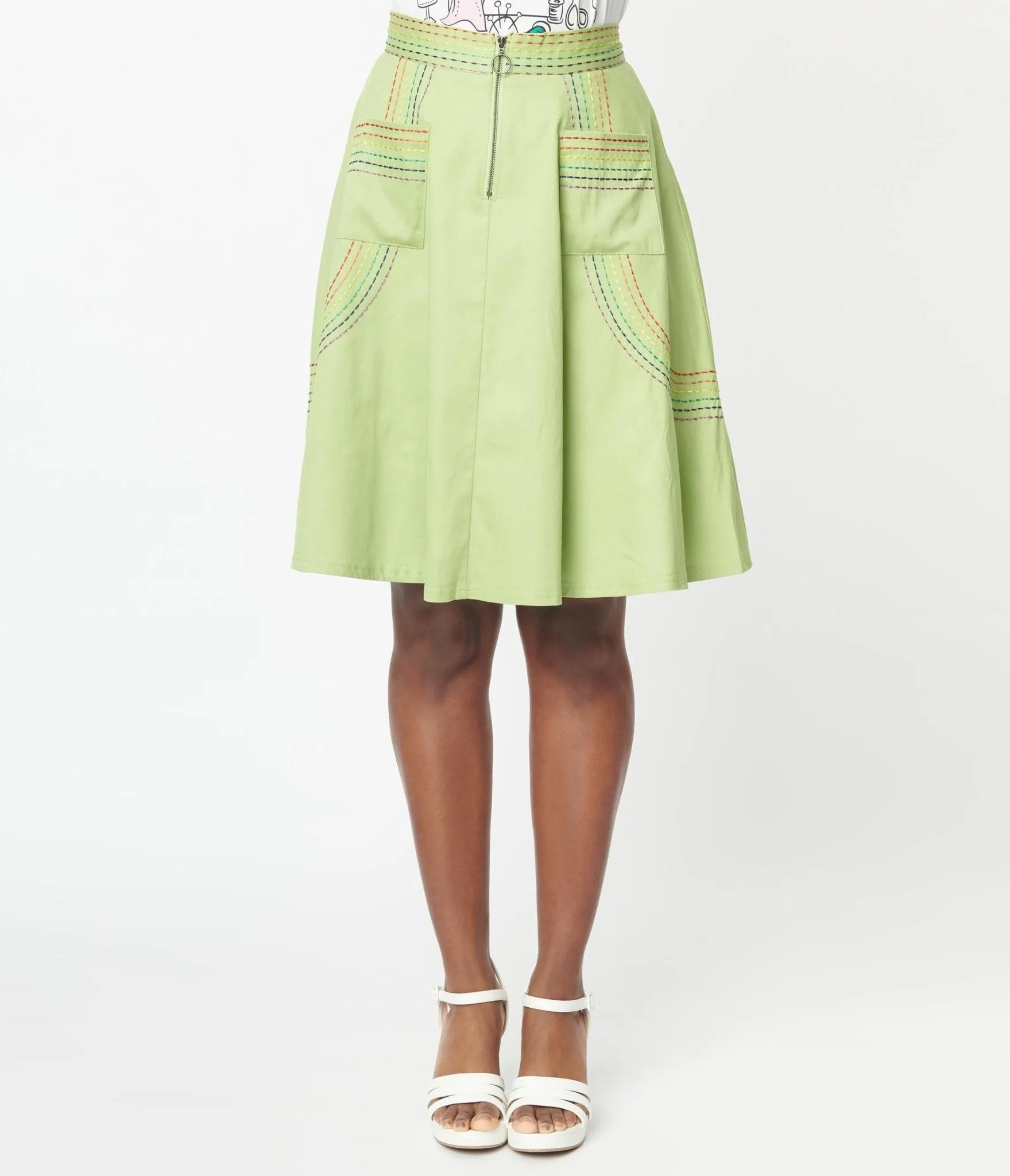 Unique Vintage Pistachio Green Patch Pocket Swing Skirt