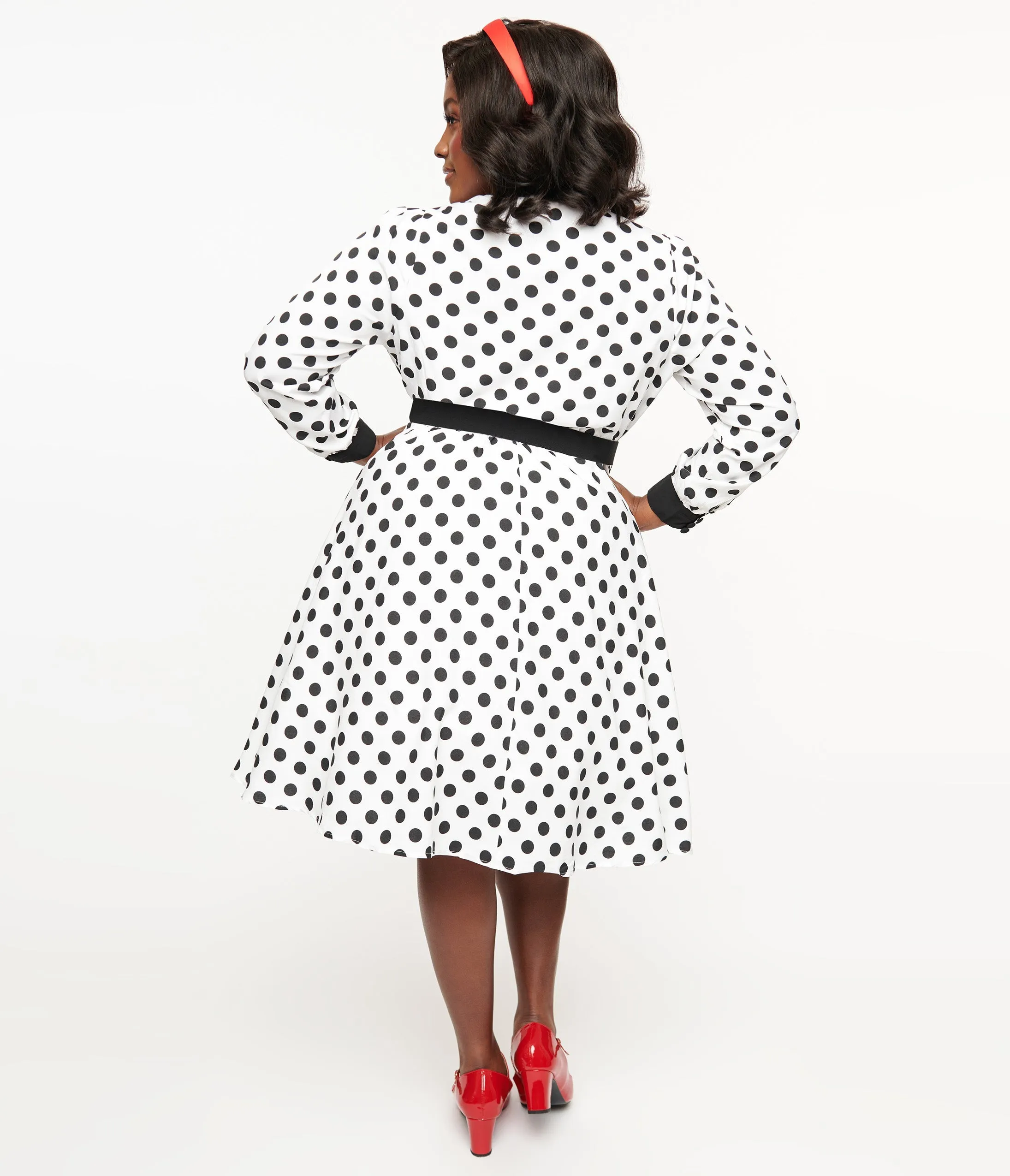 Unique Vintage Plus Size 1950s White & Black Polka Dot Tie Neck Swing Dress