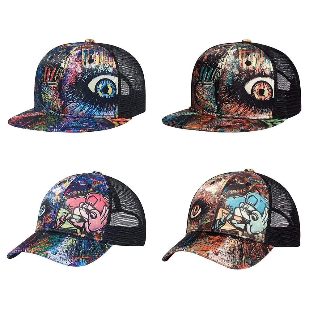 Unisex Casual Summer Graffiti Flat Brim Snapback Baseball Mesh Cap