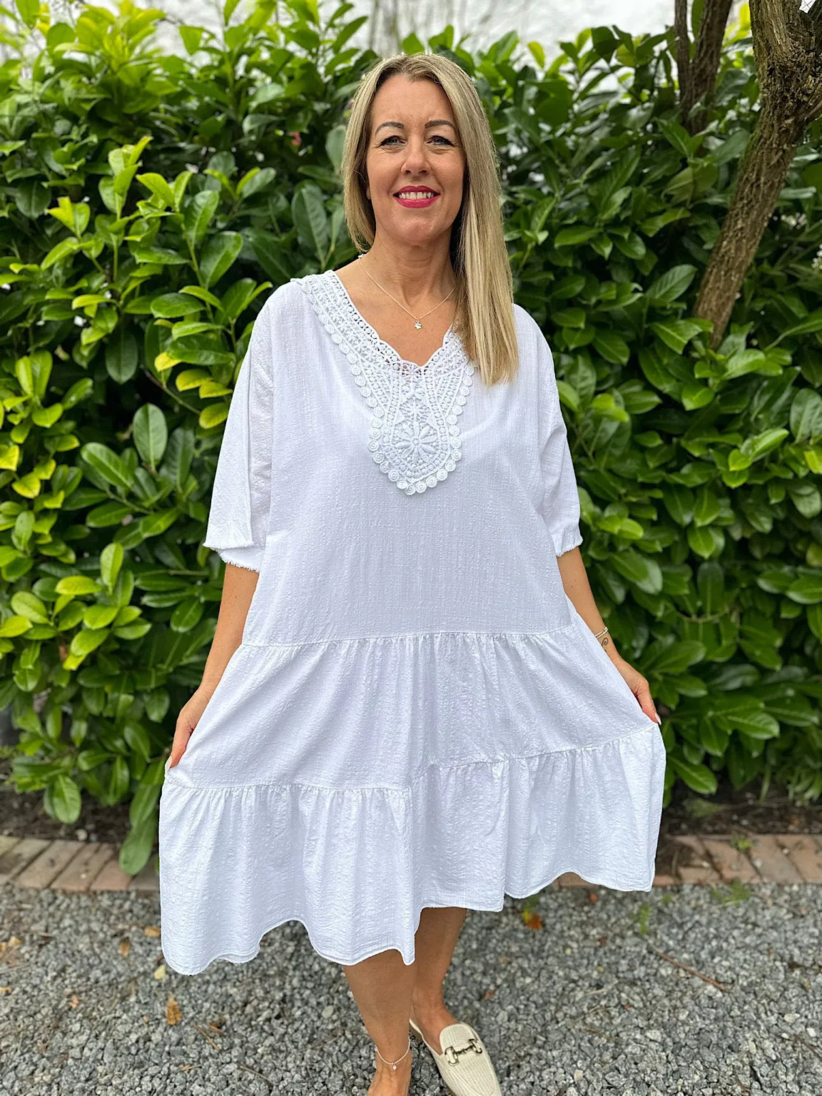 White Crochet Tiered Tunic Dress Brenda