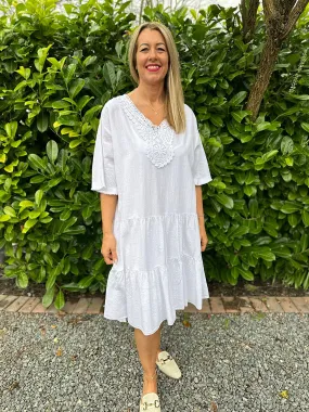 White Crochet Tiered Tunic Dress Brenda