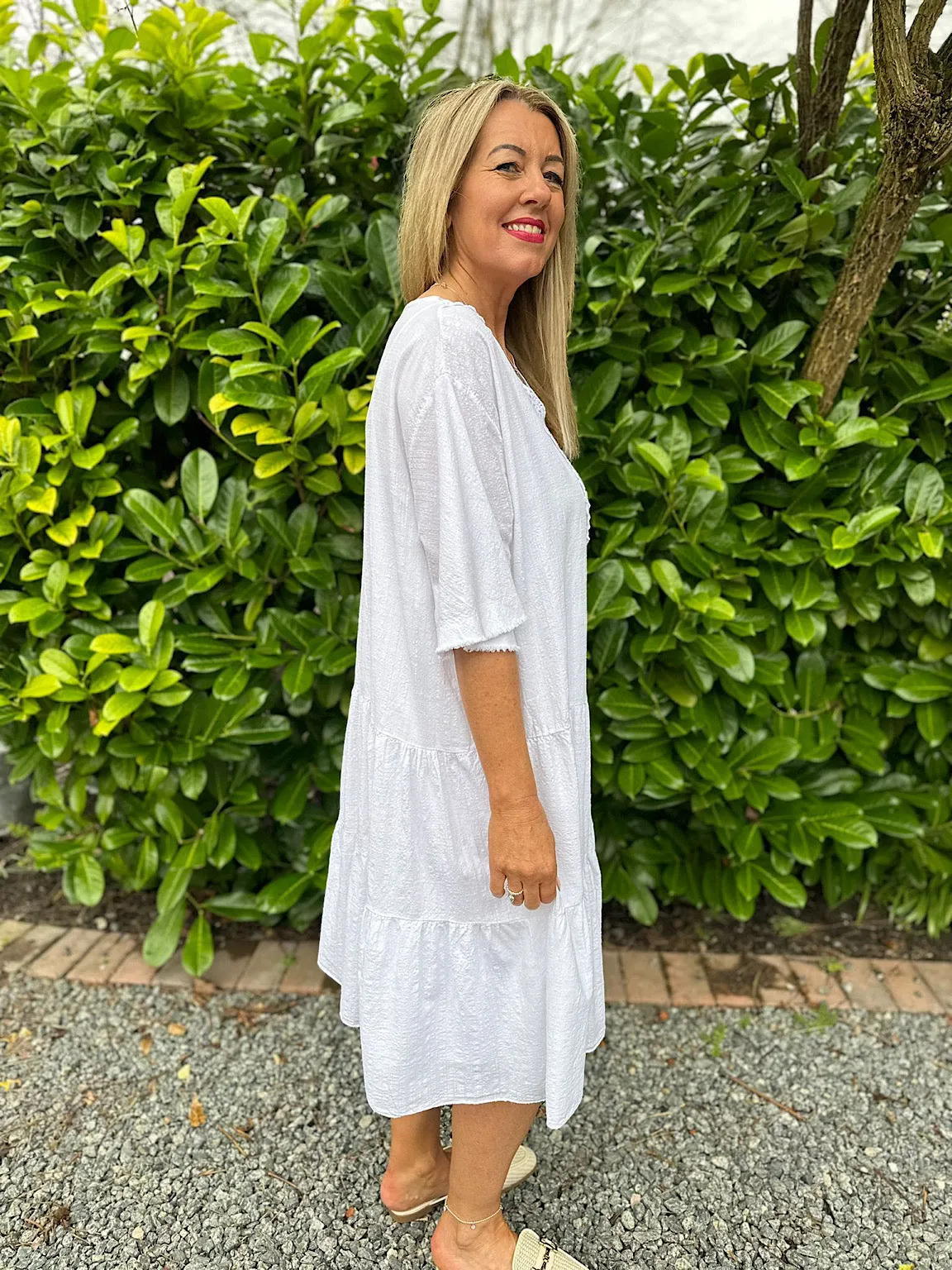 White Crochet Tiered Tunic Dress Brenda