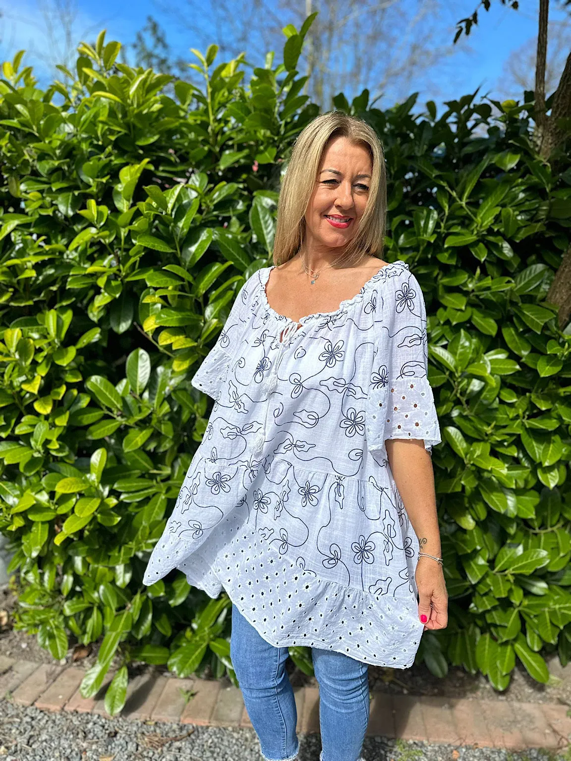 White Patterned Tassel Bardot Tunic Penny