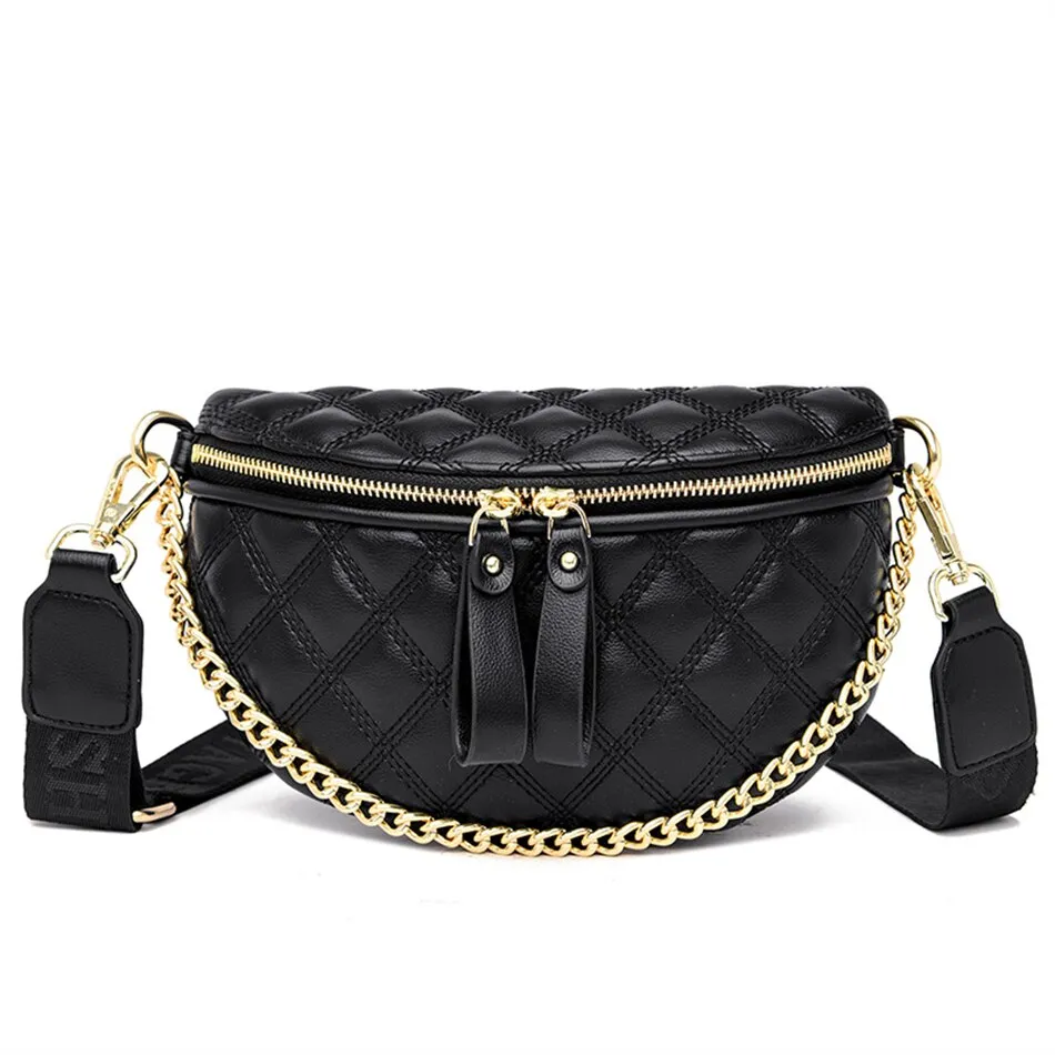 Women's Diamond Lattice Saddle Chain Soft Leather Shoulder Crossbody Handbag