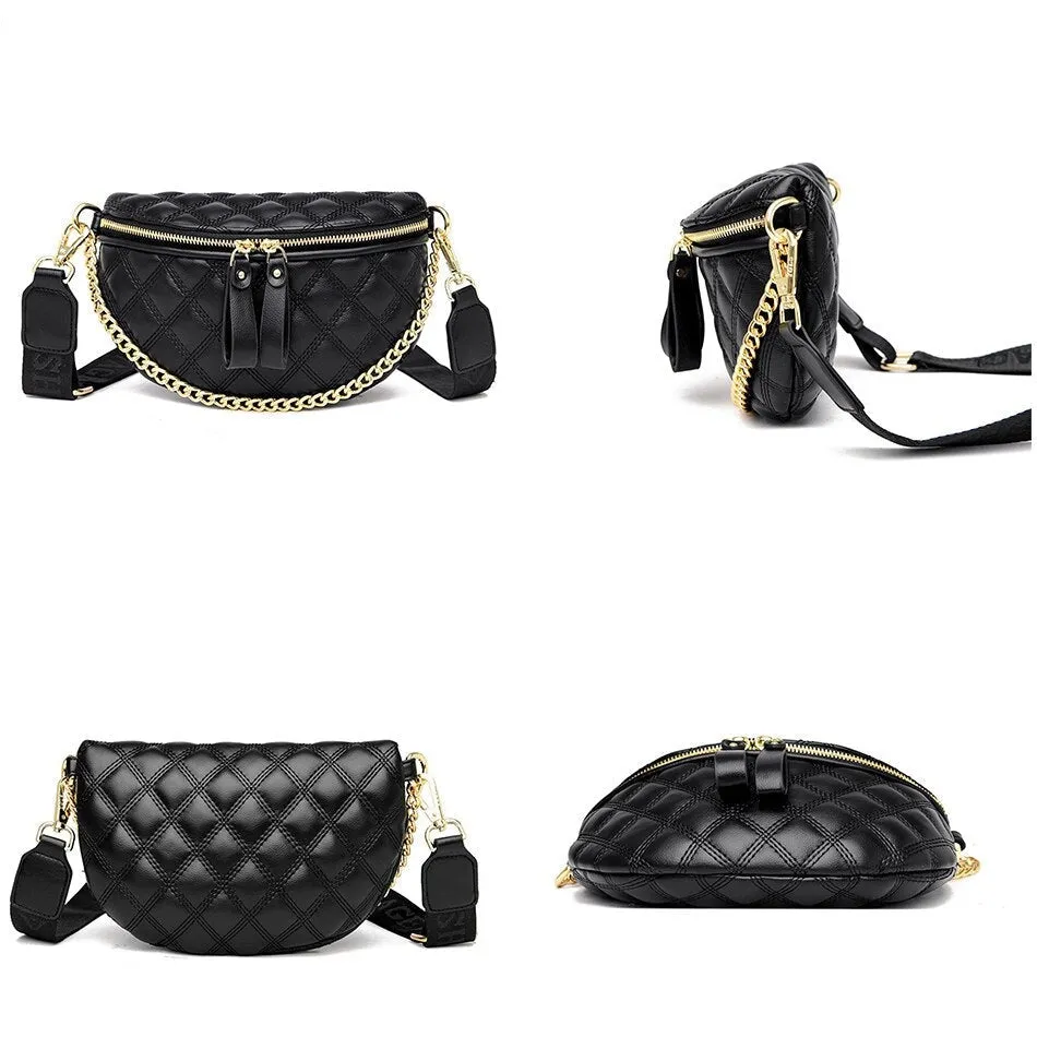 Women's Diamond Lattice Saddle Chain Soft Leather Shoulder Crossbody Handbag